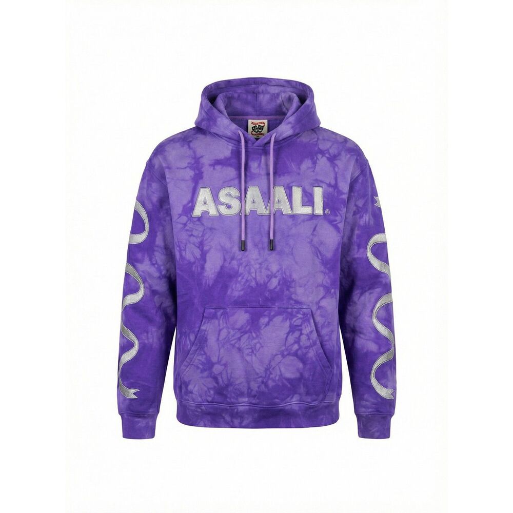 Asaali Jean Co Purple Tie Dye Hoodie XS Leather Patch Logo Ribbon Sleeve Rare